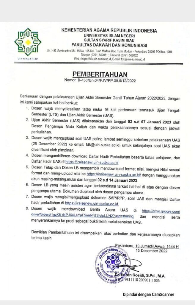 PEMBERITAHUAN UJIAN AKHIR SEMESTER GANJIL 2022 2023 Fakultas Dakwah